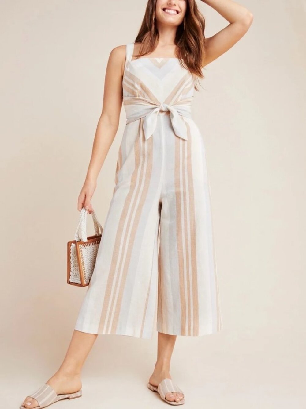 Anthropologie Savannah Cream & Tan Striped Tie-Front Wide-Leg Jumpsuit